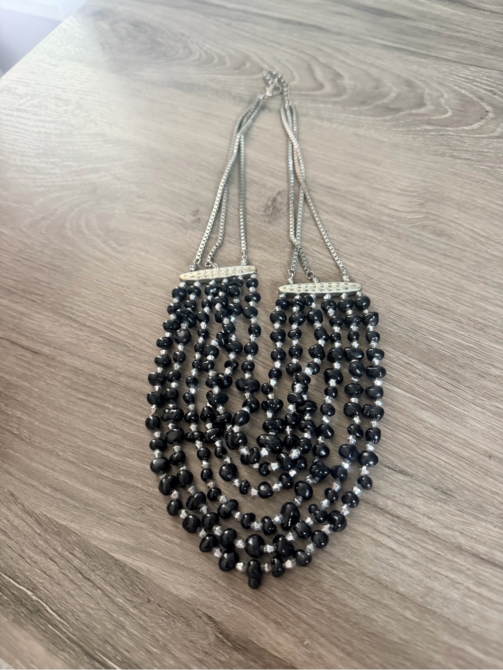 Multi-Strand Black Beaded Statement Necklace - Silver Accents